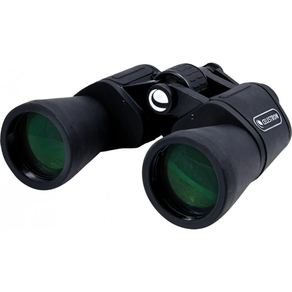 Binocolo nero con lenti verdi, logo sul lato.