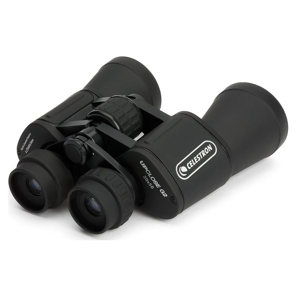 Binocolo Celestron nero con rotella di messa a fuoco e testo.