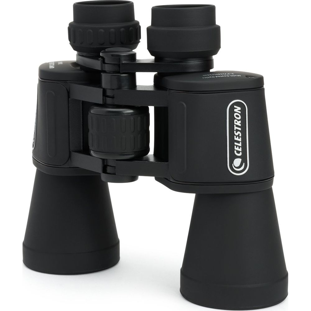 Binocolo nero Celestron con rotella di messa a fuoco al centro.