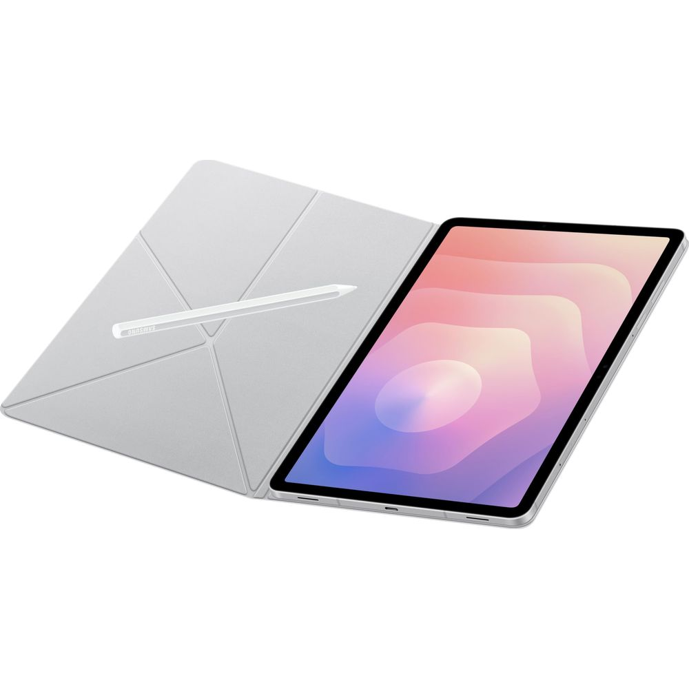 Srebrny tablet ze stylusem i otwartym etui na białym tle.