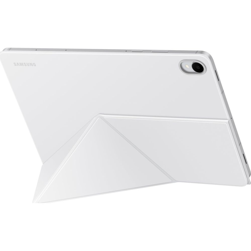 Biały tablet Samsung w białej obudowie służącej jako podstawka.