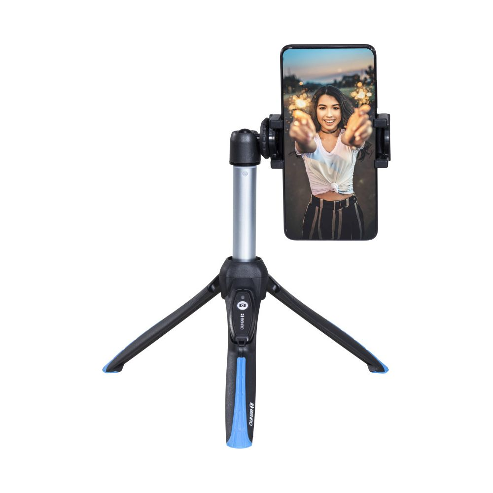 A phone tripod with a silver center pole and black legs with blue accents.