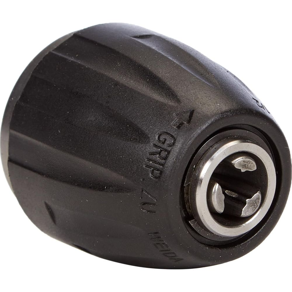 Mandrin de perceuse noir avec surface nervurée et insert métallique.