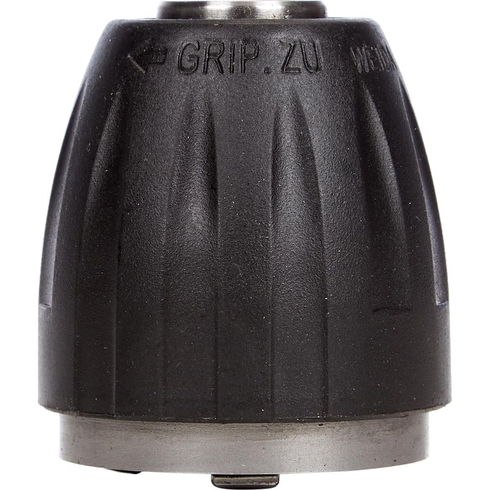 Un mandrin de perceuse noir texturé de nervures et base métal.