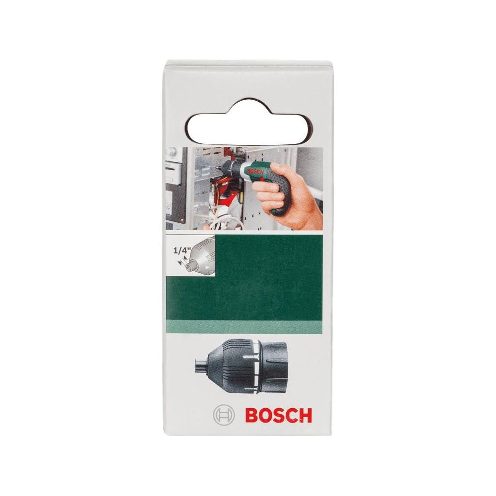Bosch Verpackung mit Bohrfutter-Abbildung und einem Bohrer.