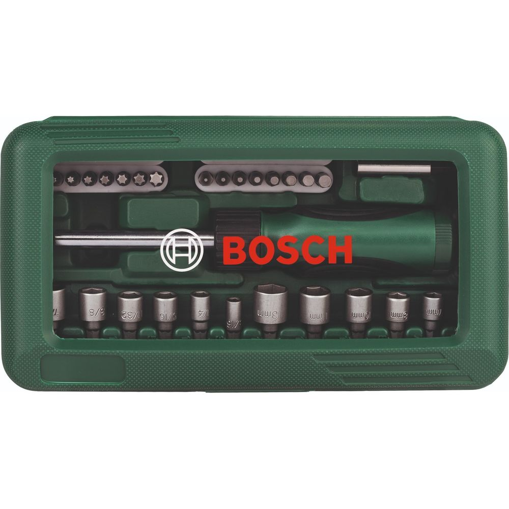 Bosch alet çantası, tornavida ve çeşitli boyutlarda lokmalar.