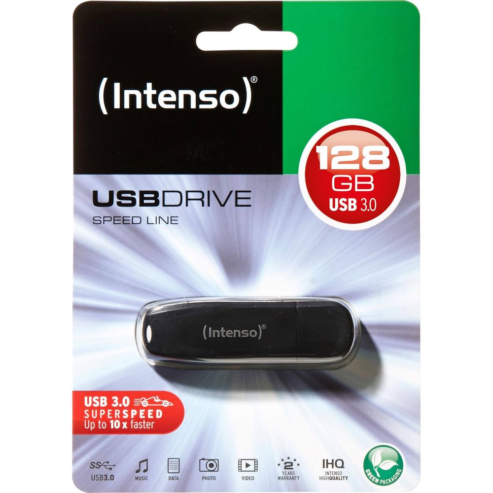 Packaging of a black Intenso USB 3.0 drive with 128 GB storage capacity.