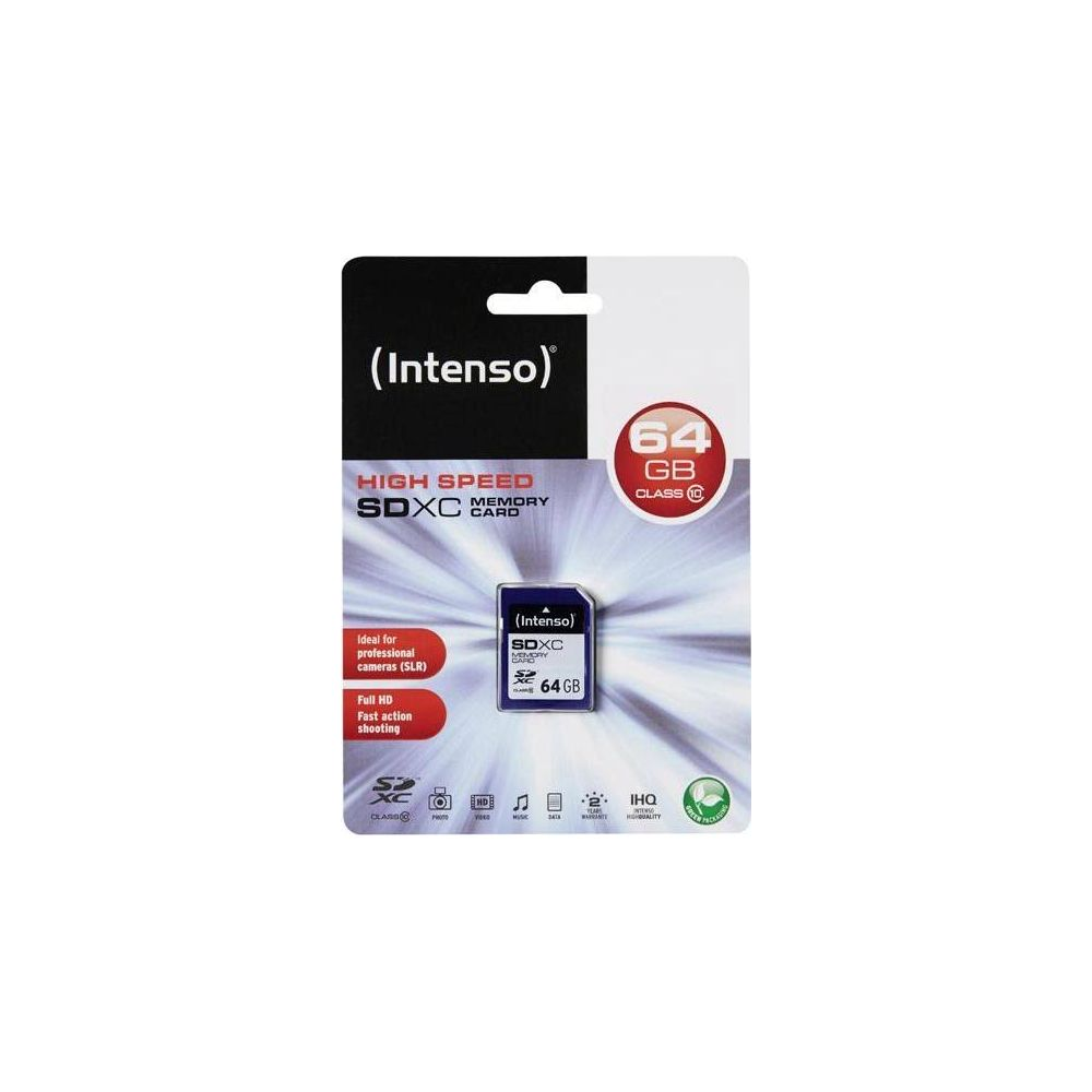 Carte mémoire Intenso SDXC 64 Go, idéale pour les appareils photo pro.