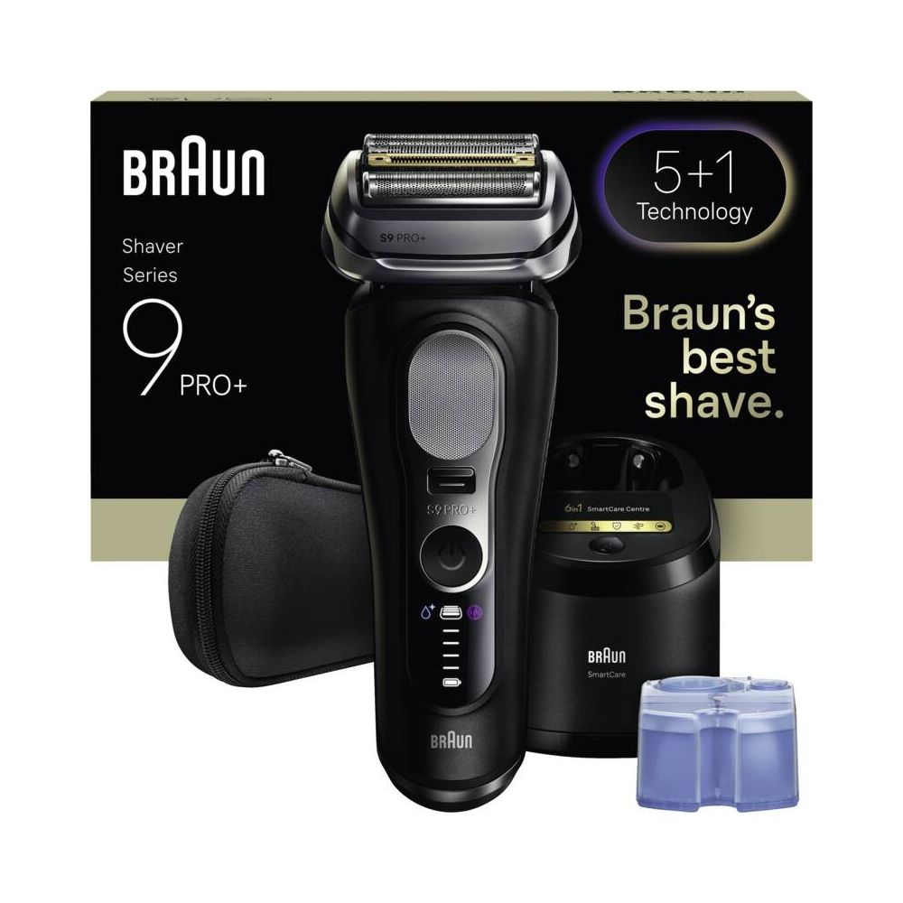 Schwarzer Braun Rasierer S9 PRO+ mit Lade-/Reinigungsstation und Reiseetui.