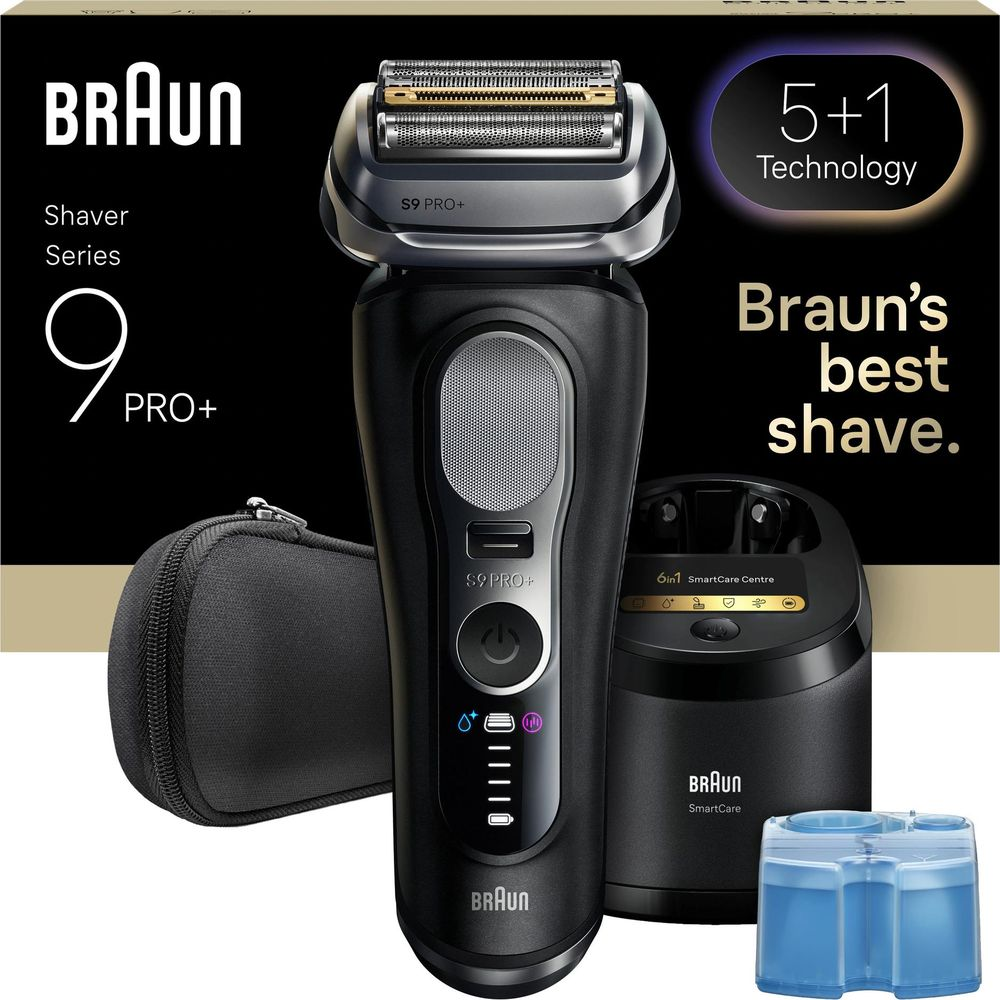 Ein schwarzer Braun Series 9 Pro+ Rasierer mit Lade-/Reinigungsstation und Zubehör.