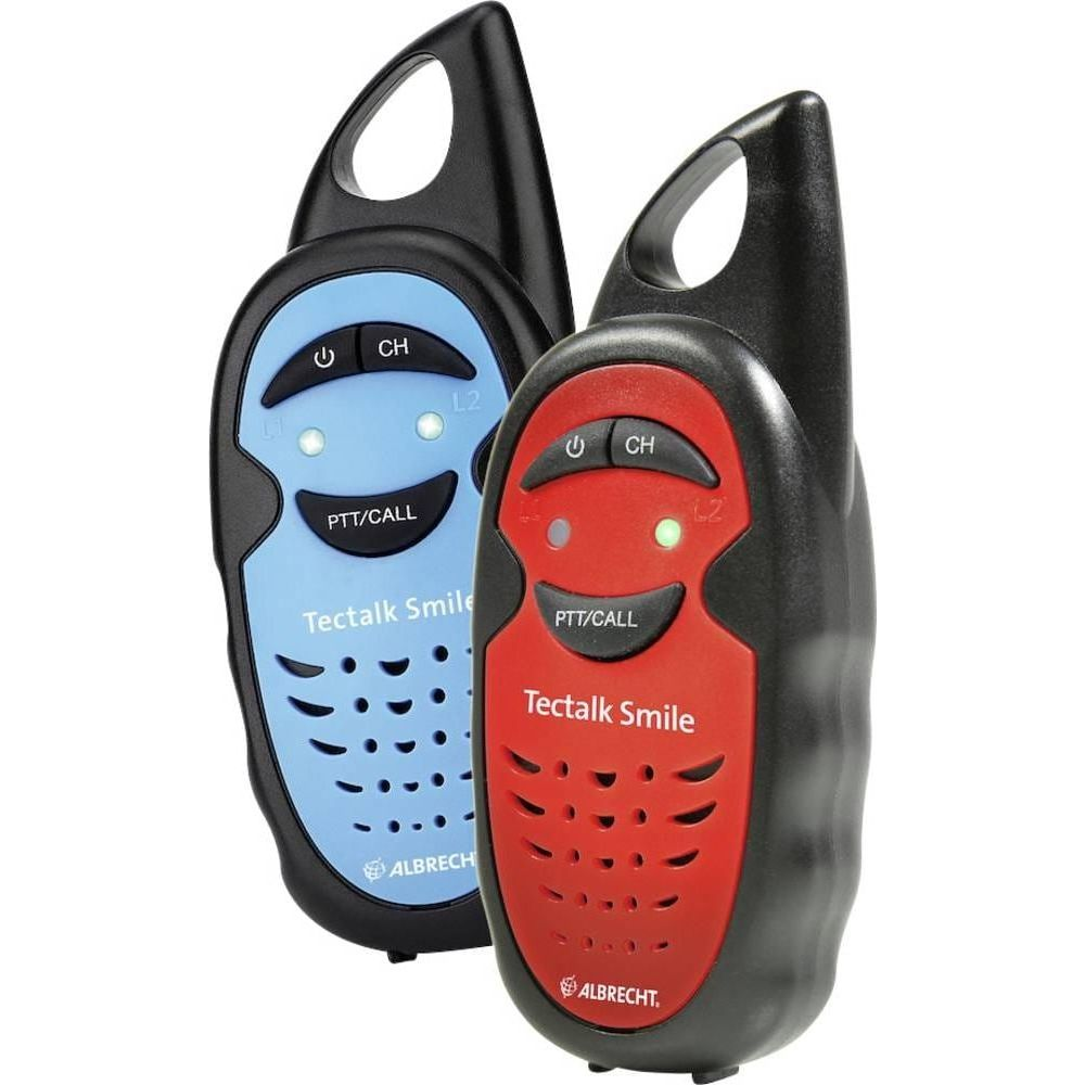 Zwei Tectalk Smile Funkgeräte, eins blau, eins rot, mit PTT/CALL-Taste.