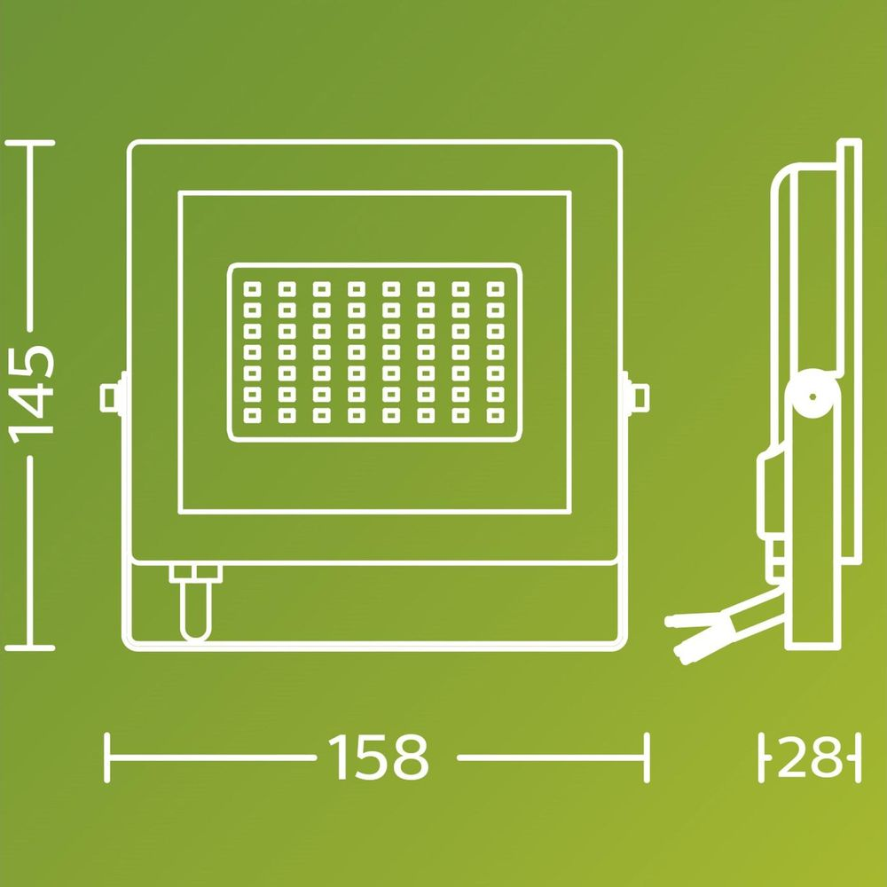 Technische Zeichnung eines LED-Fluters mit Maßen 145x158x28 mm.