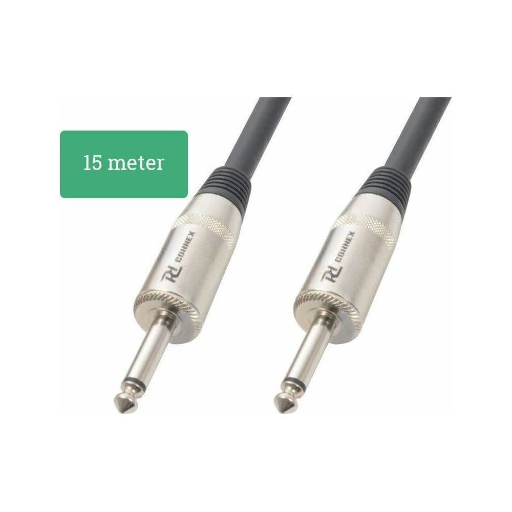 Dos cables jack plateados con manguera negra y etiqueta verde "15 metros".