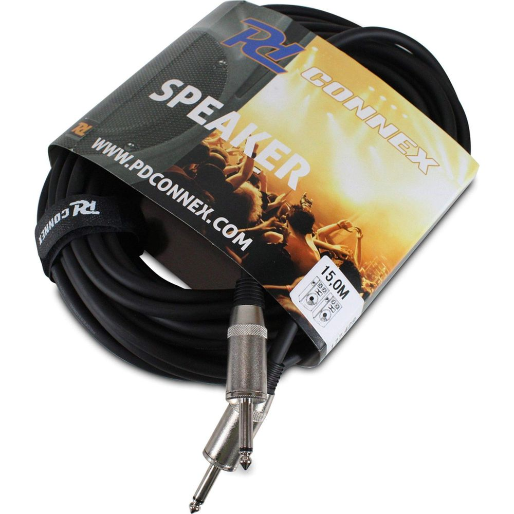 Cable de altavoz negro con conectores metálicos, 15m, enrollado.