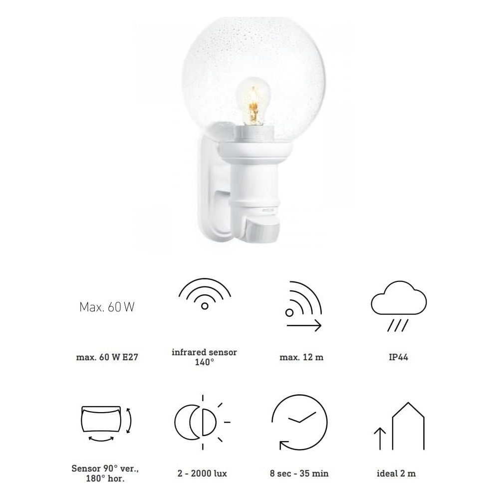 Weiße Wandleuchte mit Glaskugel und Energiesparlampe, mit Sensor.