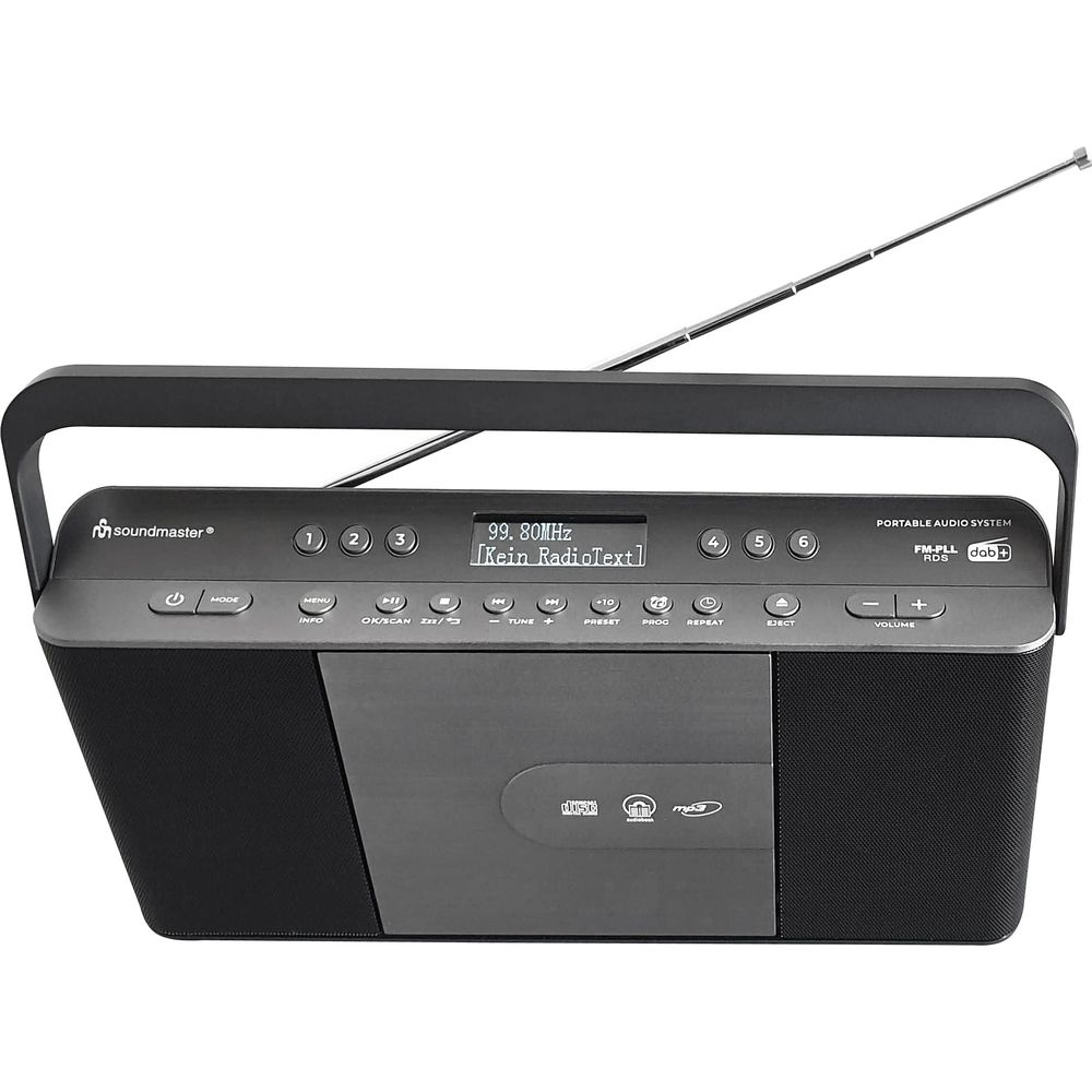 Ein schwarzes Soundmaster tragbares Audiosystem mit CD-Player und ausfahrbarer Antenne.