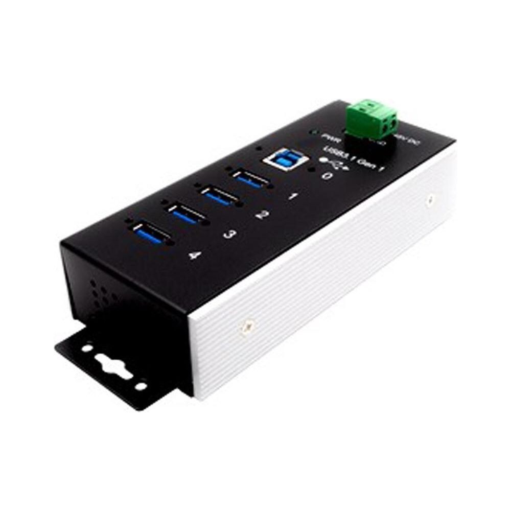 Hub USB nero con 4 porte, bordi argentati e connettore di alimentazione verde.
