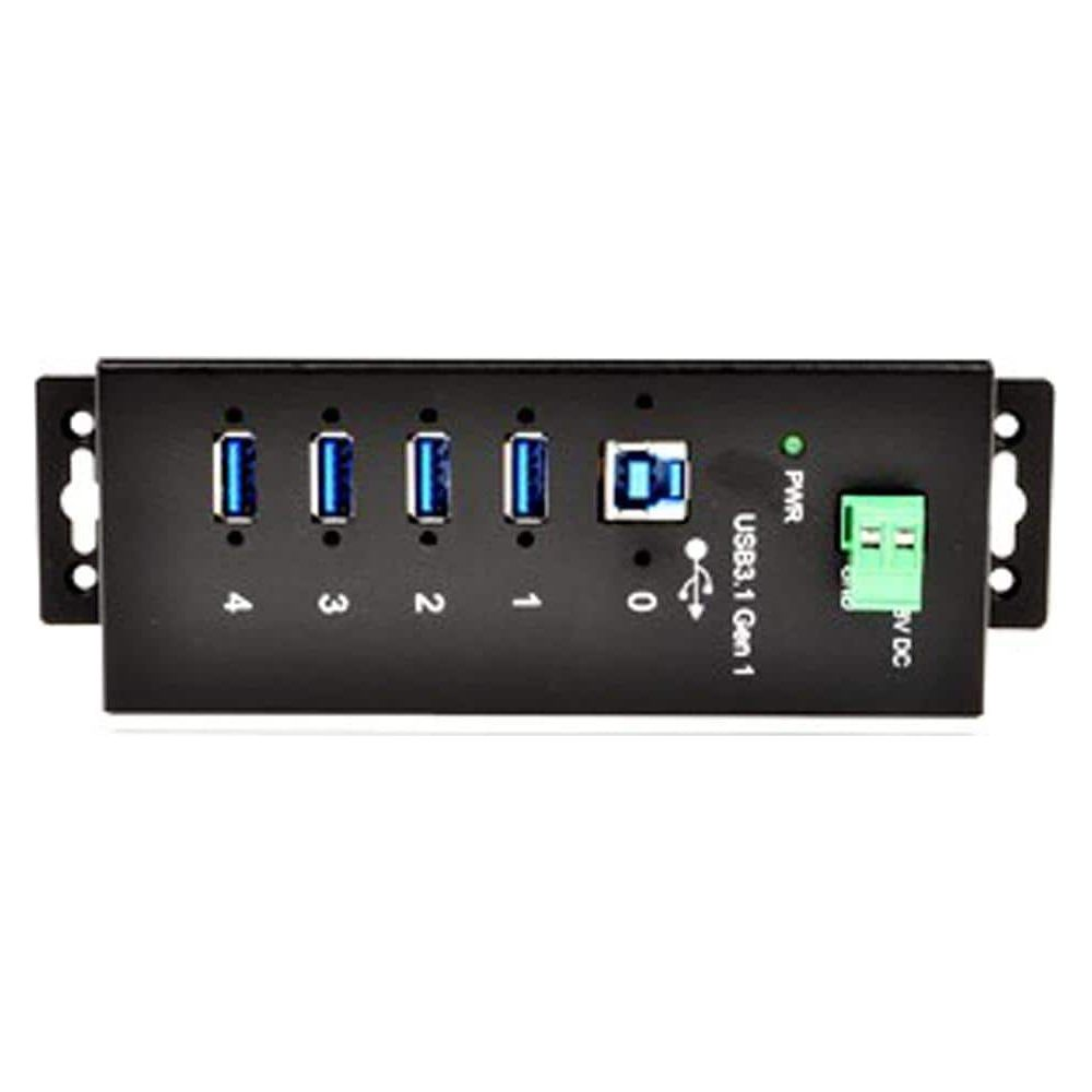 Hub USB 3.1 nero con 4 porte, indicatore di alimentazione e ingresso DC.