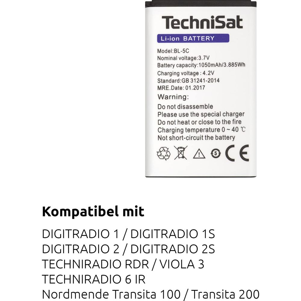 Batteria TechniSat Li-Ion BL-5C con avvisi e elenco compatibilità.