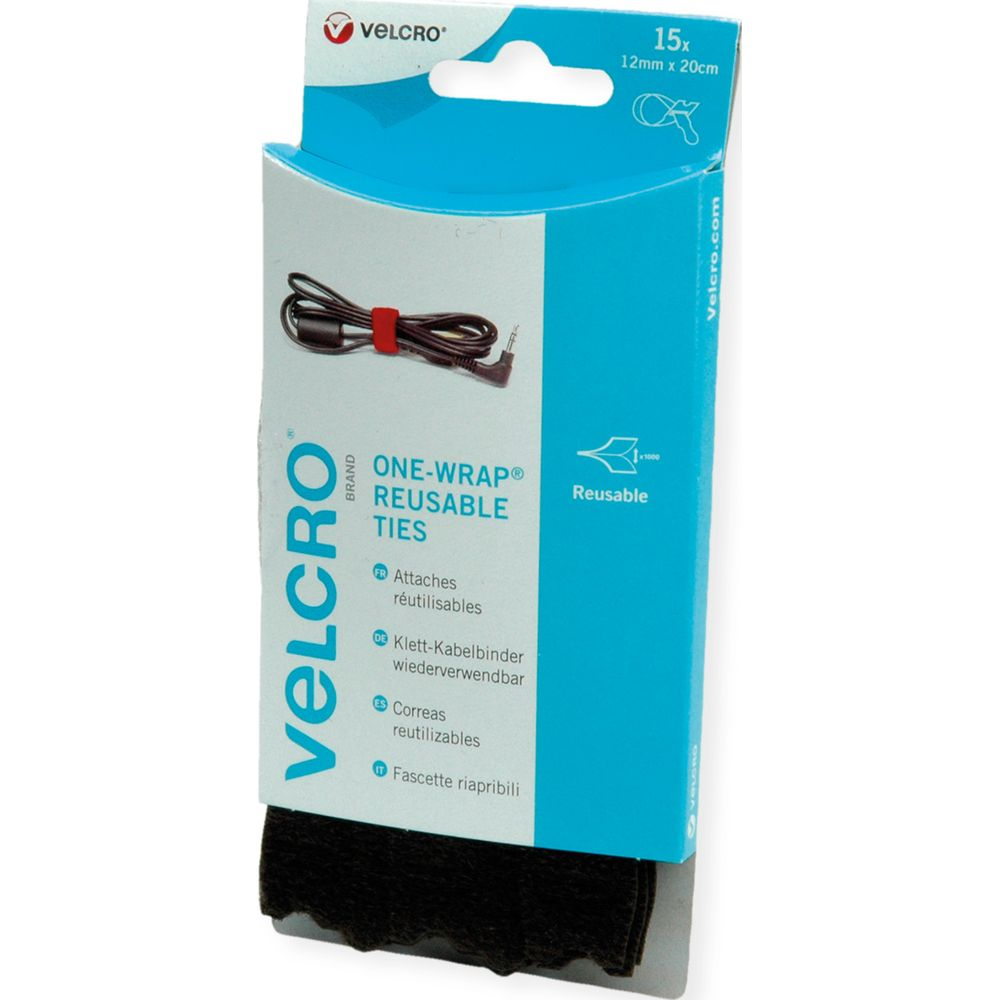 Verpackung von VELCRO ONE-WRAP® Klett-Kabelbindern, 15 Stück, 12mm x 20cm.