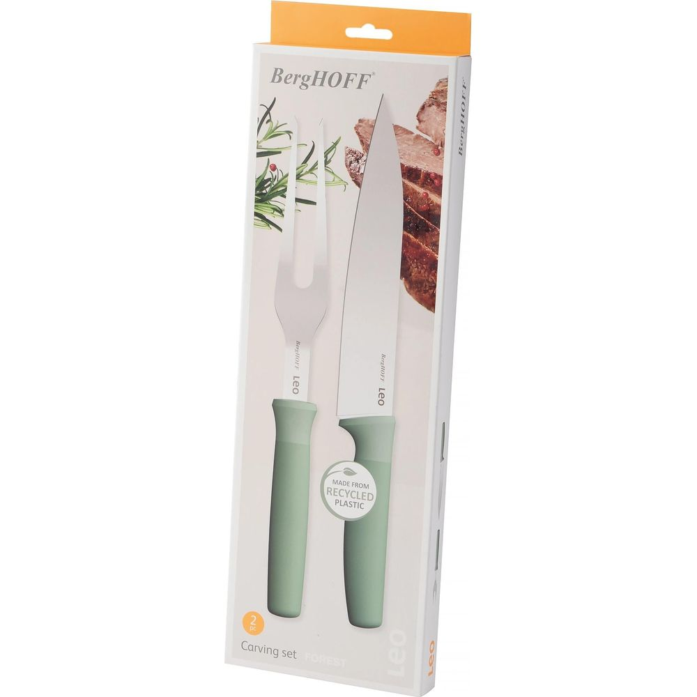 BergHOFF carving set with knife and fork, green handles, recycled plastic.
