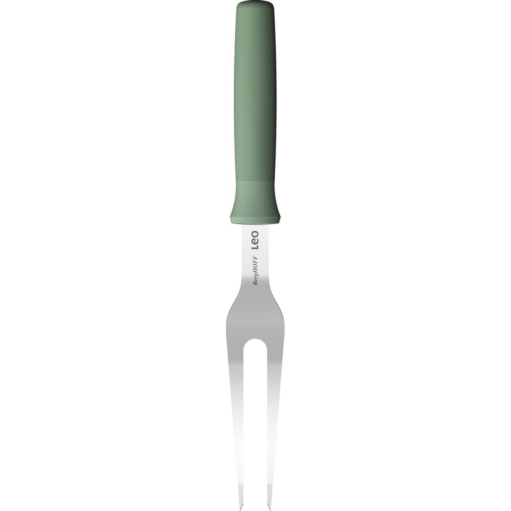 A meat fork with a green handle and silver tines.