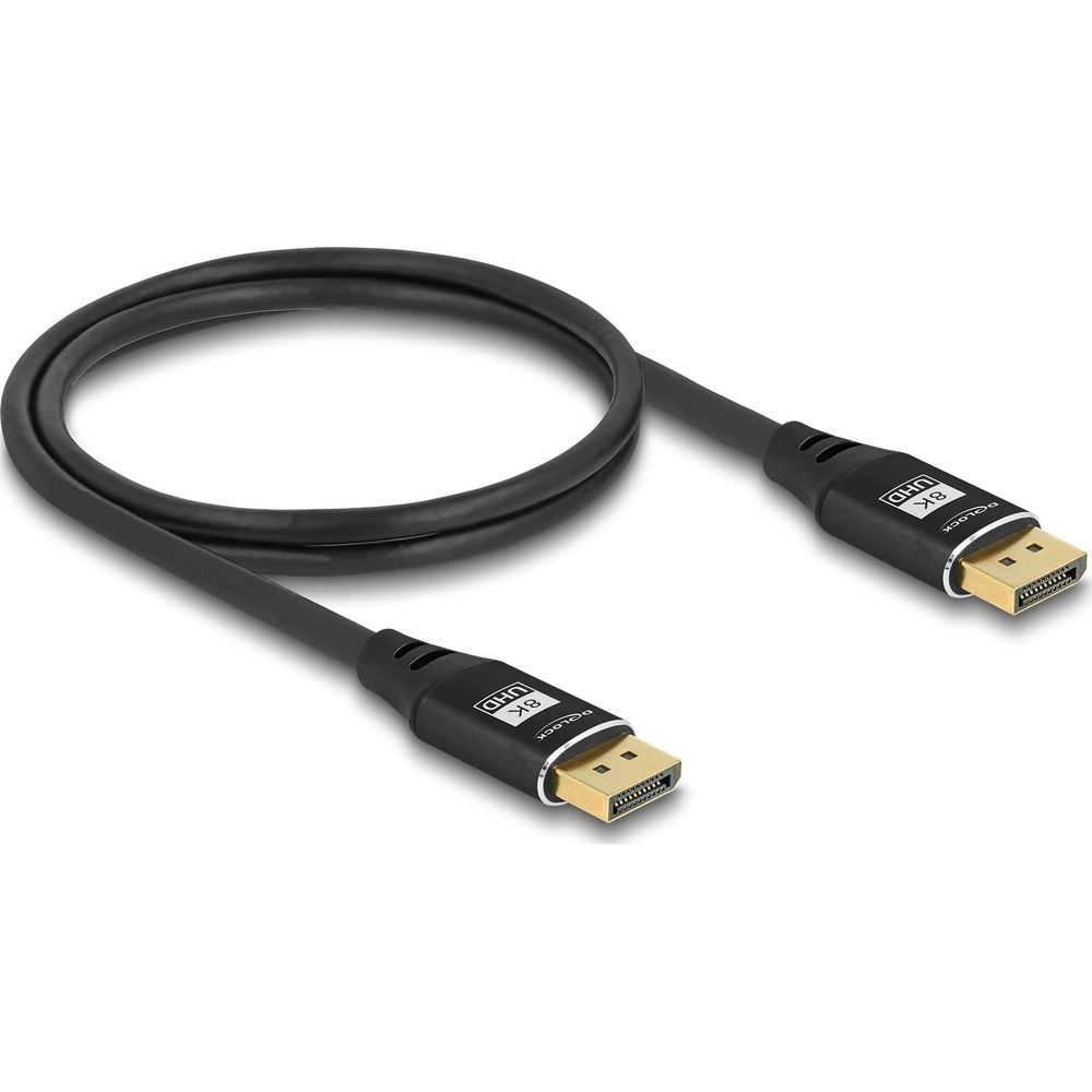 Schwarzes 8K UHD Kabel mit vergoldeten DisplayPort-Steckern, auf weißem Hintergrund.