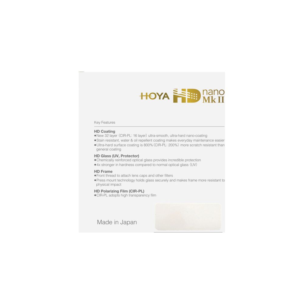 HOYA nano Mk II Produktmerkmal-Liste mit HD-Beschichtung, Glas, Rahmen und Polarisationsfolie.