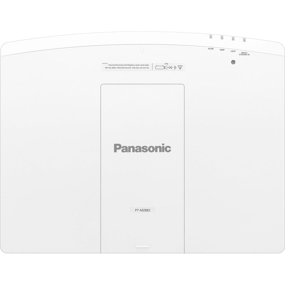 Weiße Panasonic Projektoroberseite mit Beschriftungen und Logos.