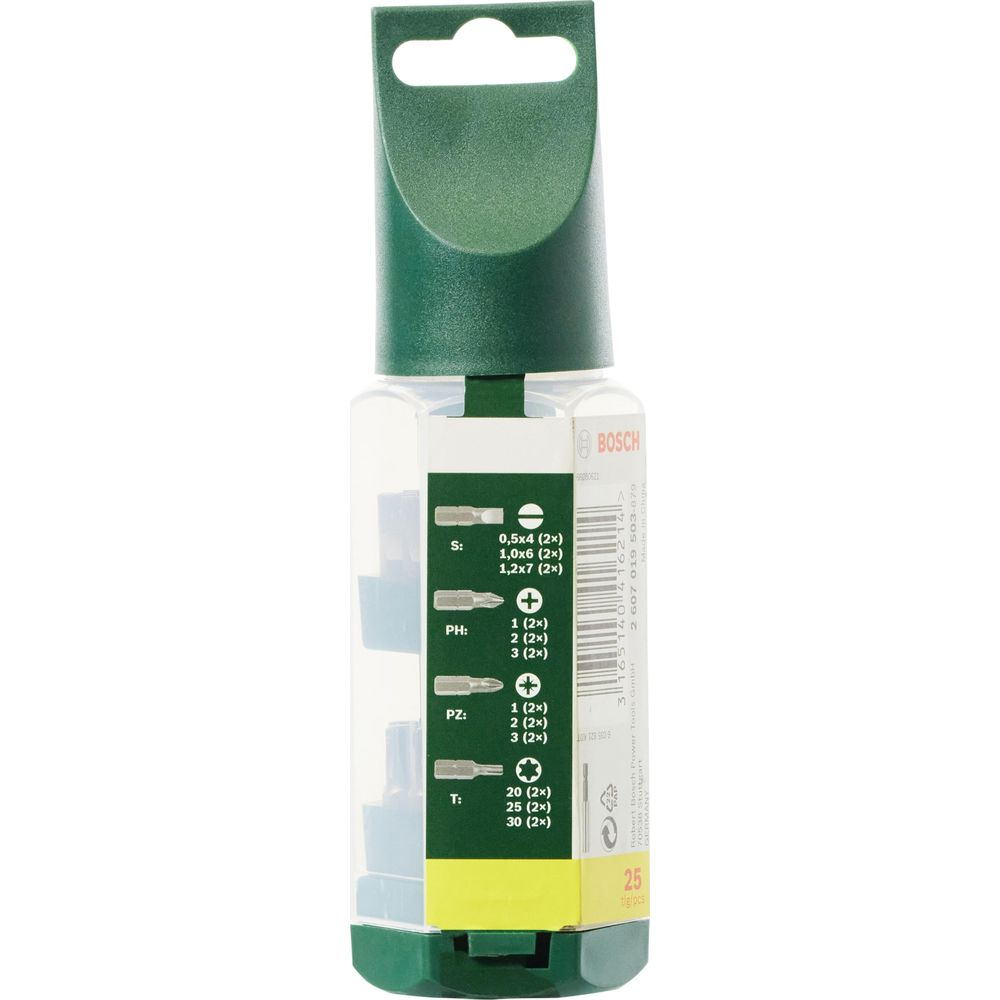 Jeu d'embouts Bosch de 25 pièces dans un emballage transparent avec capuchon vert.