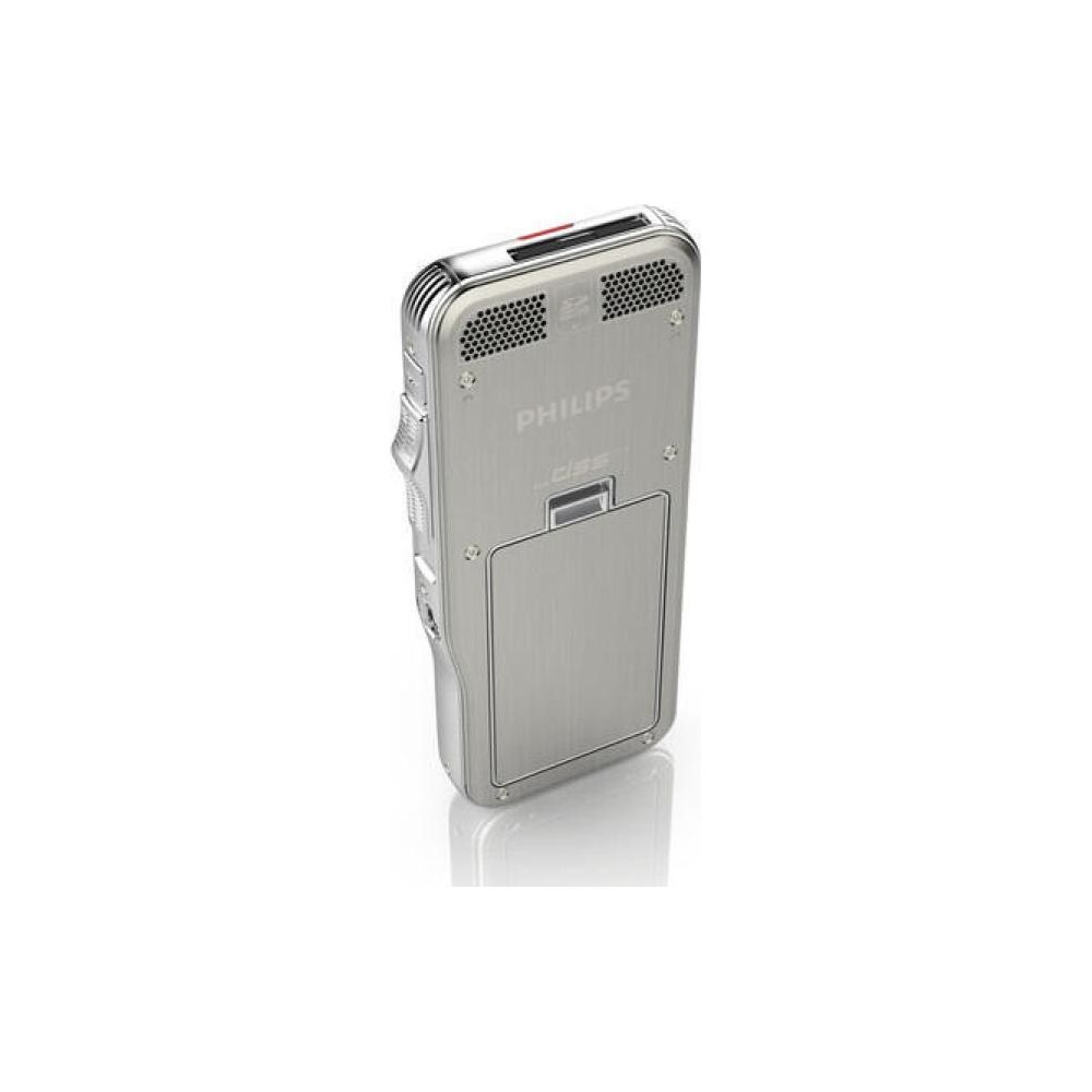 Silbernes Philips Diktiergerät mit Lautsprechergittern und Batteriefach.