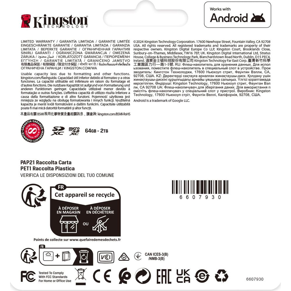 Kingston Logo, Garantie, MicroSDXC 64GB-2TB, Recycling-Info, Barcode, FCC, CE, EAC