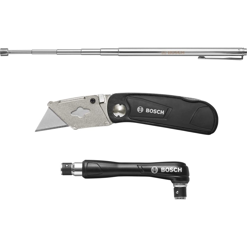 Trois outils Bosch : une tige extensible, un cutter et une poignée d'angle.