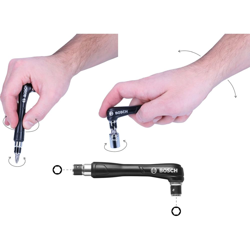 Mains montrant des outils Bosch : tournevis, cliquet et manche coudé.