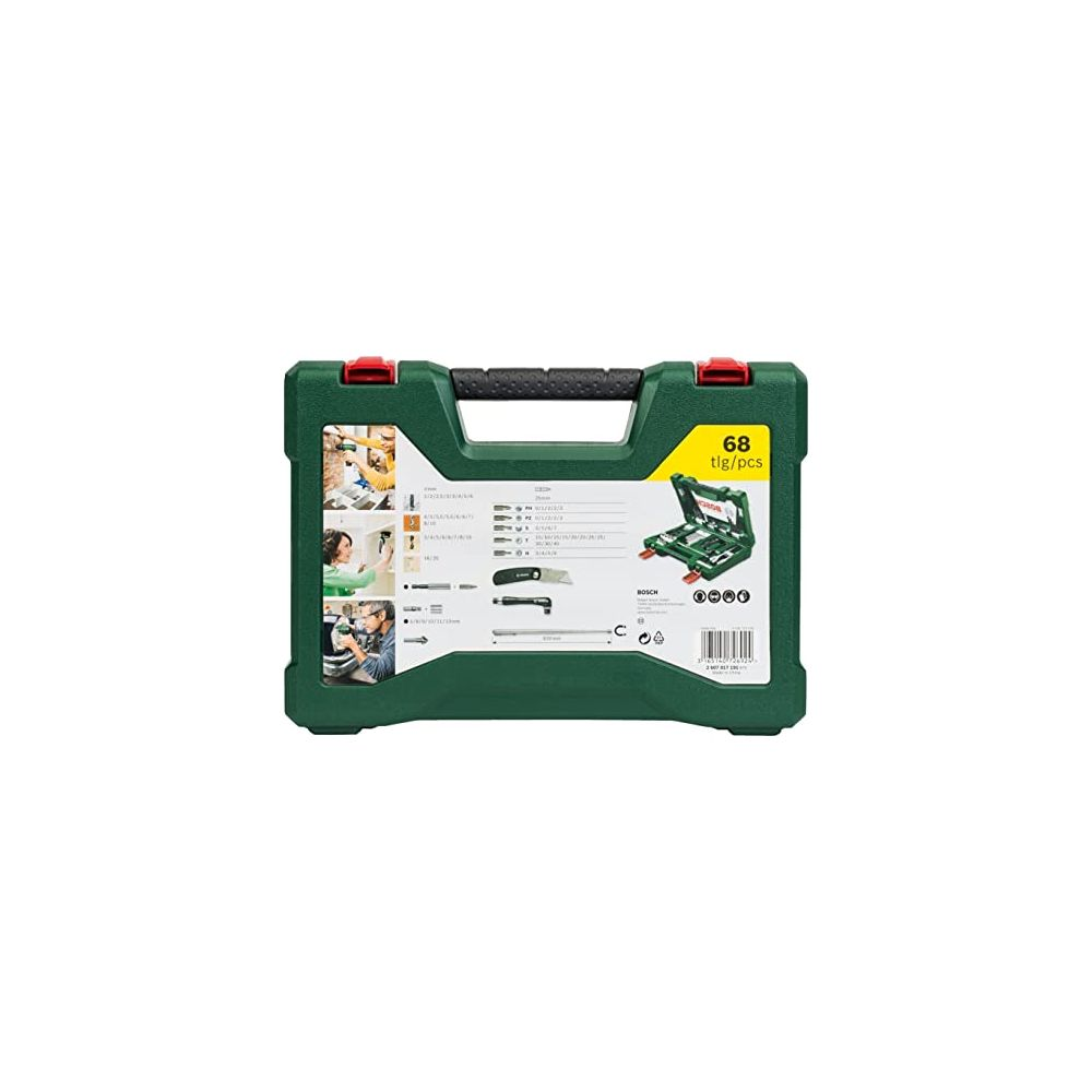 Boîte à outils verte, 68 pcs, ouverte, montrant des outils et le logo Bosch.