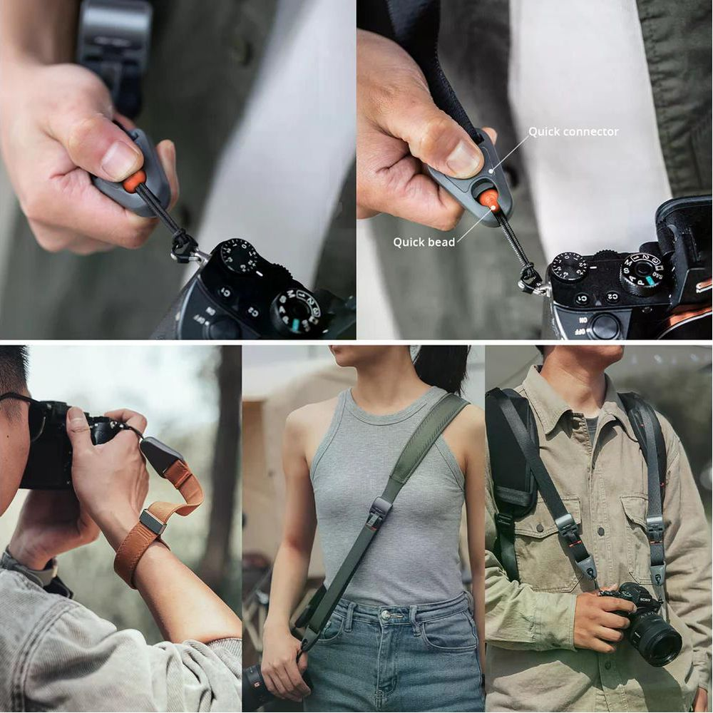 Zbliżenie aparatu z szybkozłączką i paskiem. Wiele sposobów noszenia.