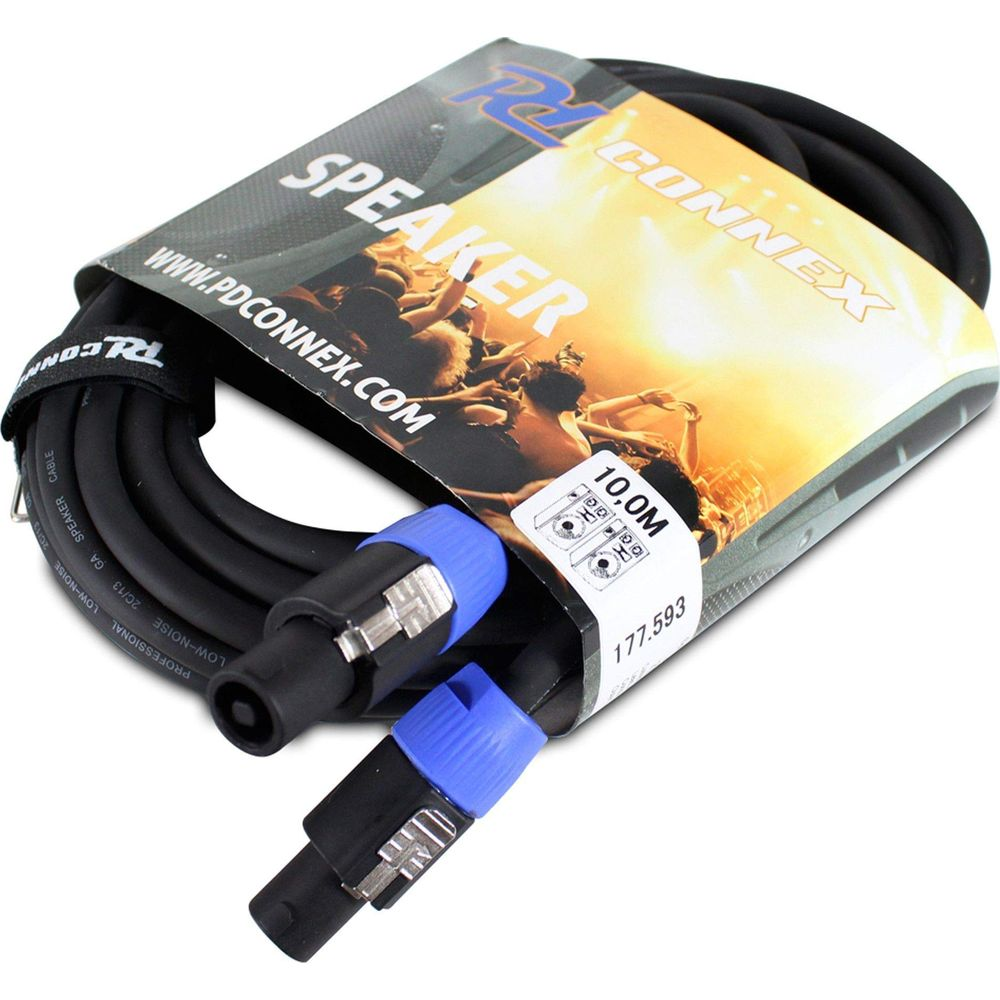 Cable de altavoz negro con extremos de conector azul, 10m de largo, en embalaje.