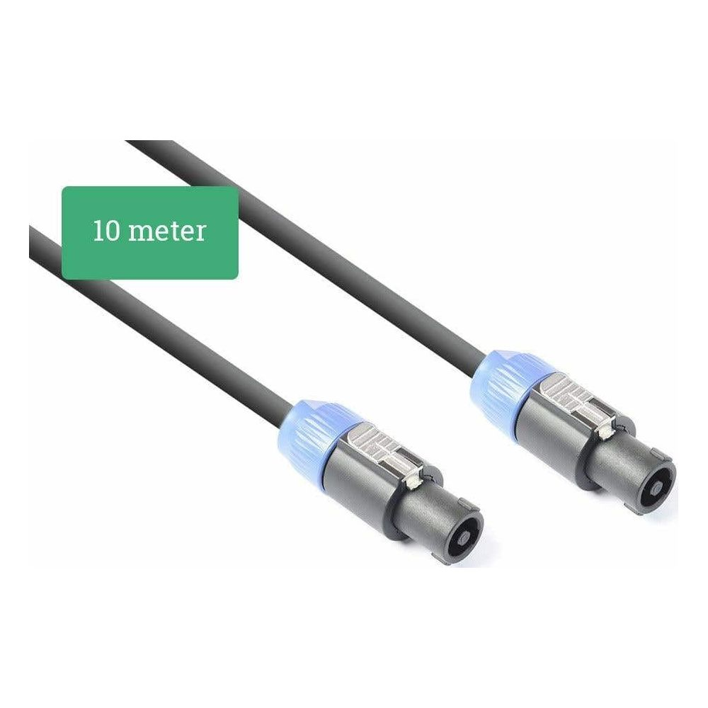 Dos cables negros con conectores azules y etiqueta "10 metros".