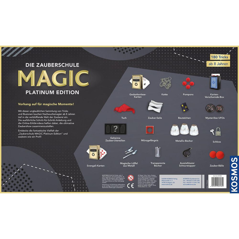 Pudełko Magic School MAGIC Platinum Edition z wieloma sztuczkami i akcesoriami.