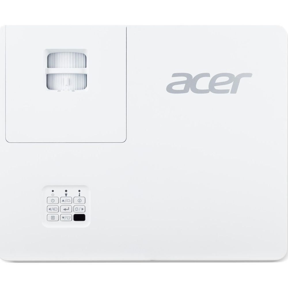 Biały projektor Acer z panelem sterowania i obiektywem.