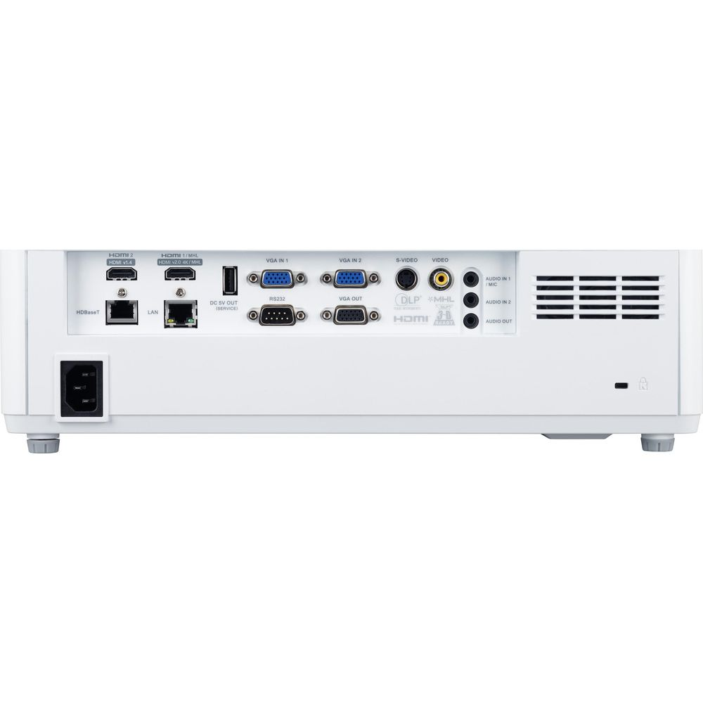 Tył projektora z różnymi portami: HDMI, VGA, LAN i RS232.