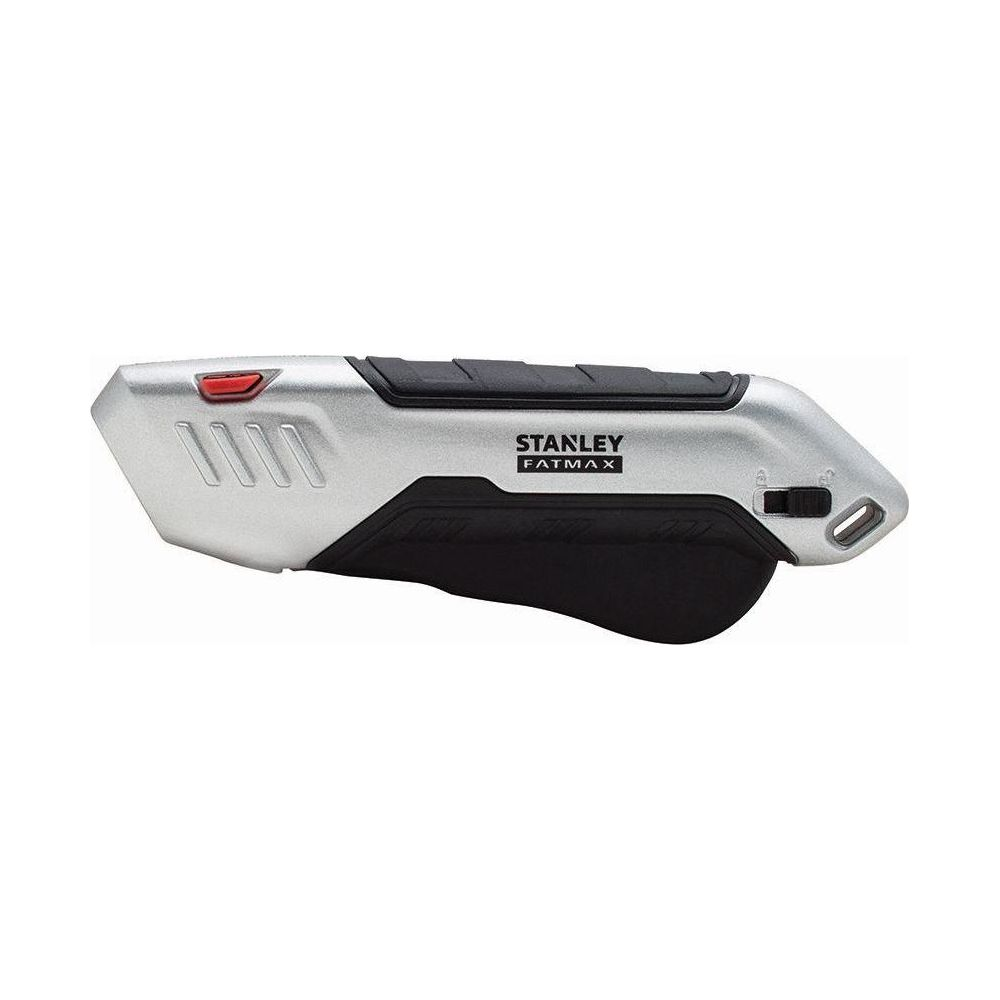 Ein silberner Stanley Fatmax Cutter mit schwarzem Griff und rotem Knopf.
