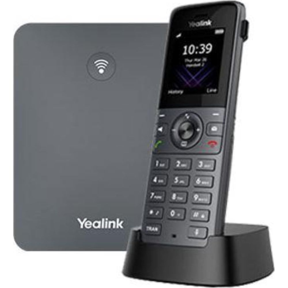 Un téléphone sans fil Yealink gris avec socle de chargement et symbole Wi-Fi.