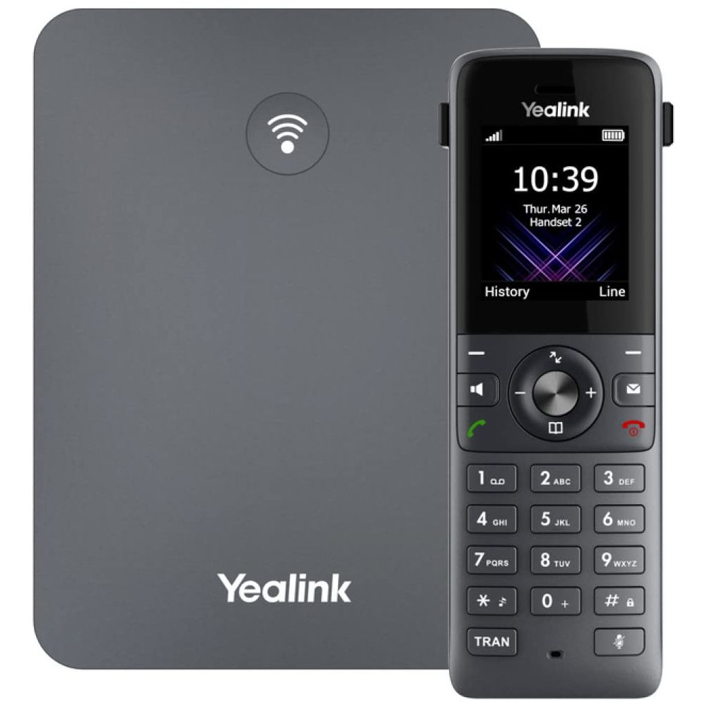 Un téléphone et une base Yealink gris avec symbole Wi-Fi.