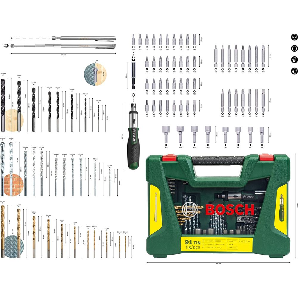 Bosch Werkzeugkasten mit Schraubendrehern und Bits in verschiedenen Größen.