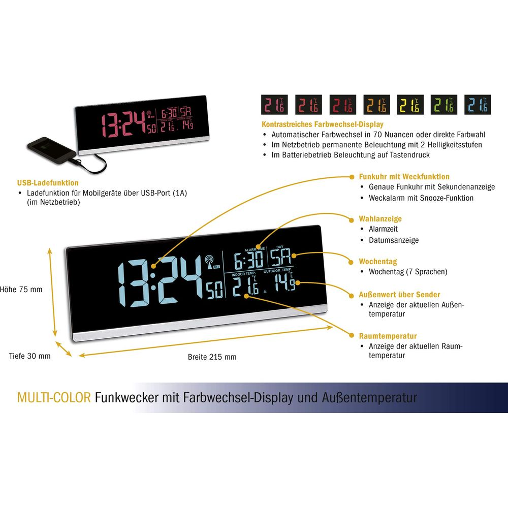 Digitaler Wecker mit Farbdisplay, zeigt Uhrzeit, Datum, Innentemperatur und Außentemperatur.
