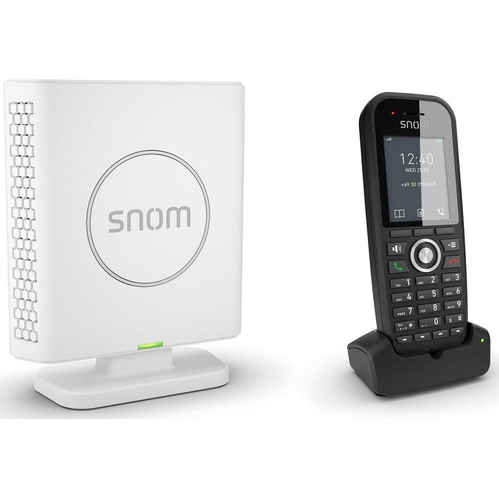 Ein weißes Snom-Gerät und ein schwarzes Snom-Telefon auf Ladestation.