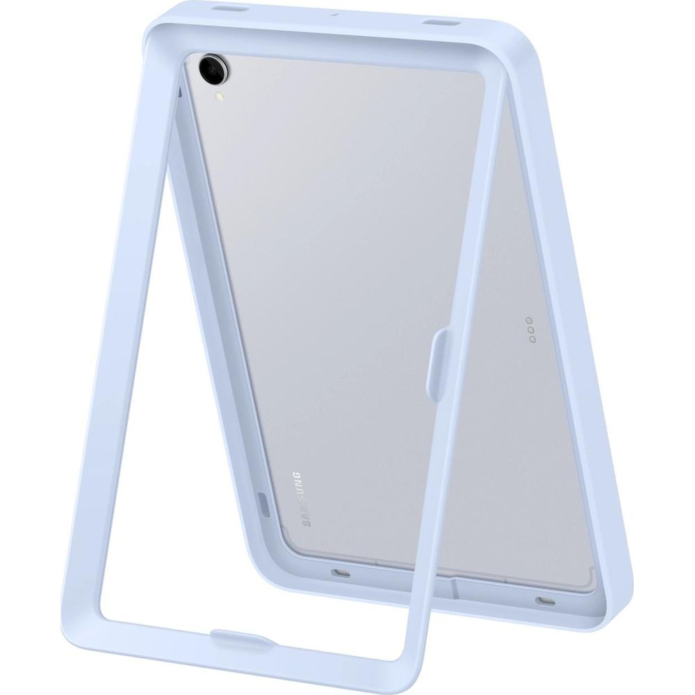 Una custodia per tablet azzurra con retro trasparente che mostra un logo Samsung.