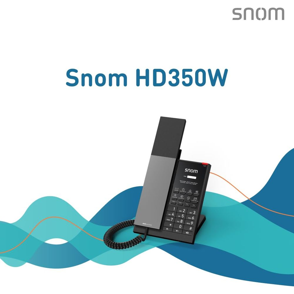 Ein modernes Snom HD350W Telefon in Schwarz und Grau steht auf einem Sockel.