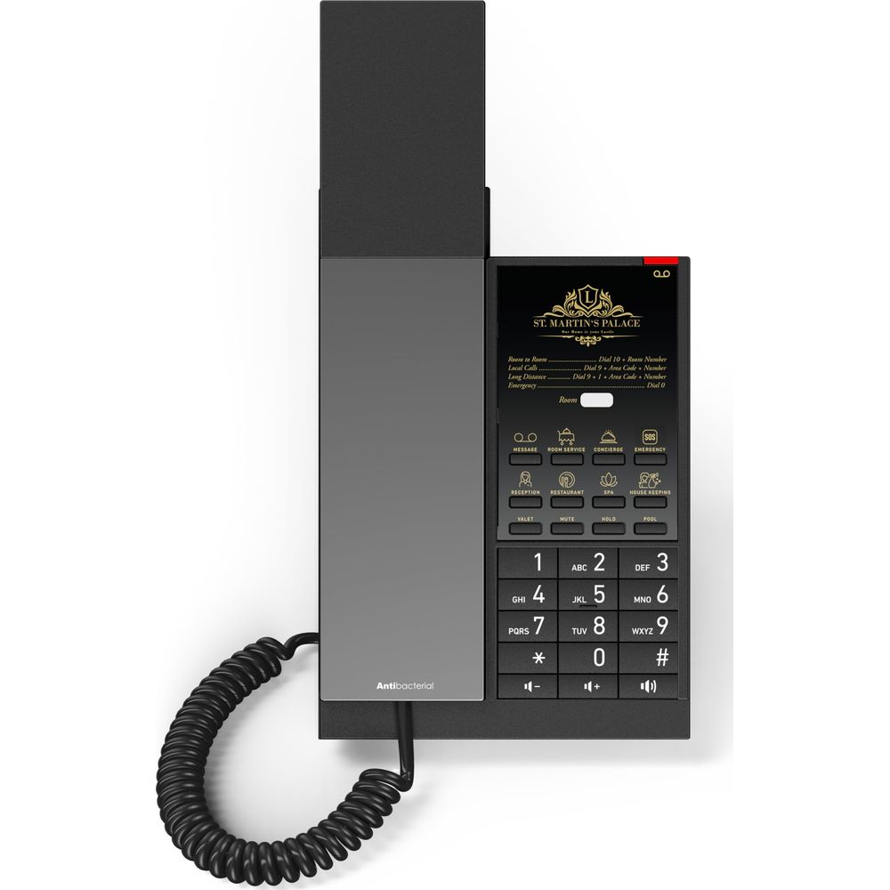 Ein schwarzes Hoteltelefon mit Tastenfeld und Display mit dem Logo von St. Martin's Palace.